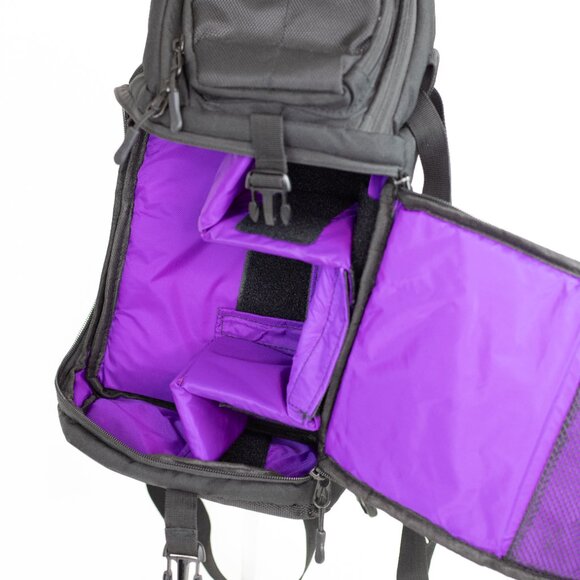 NWT Sling Camera Backpack QIPI Black with Purple Interior - Picture 8 of 15
